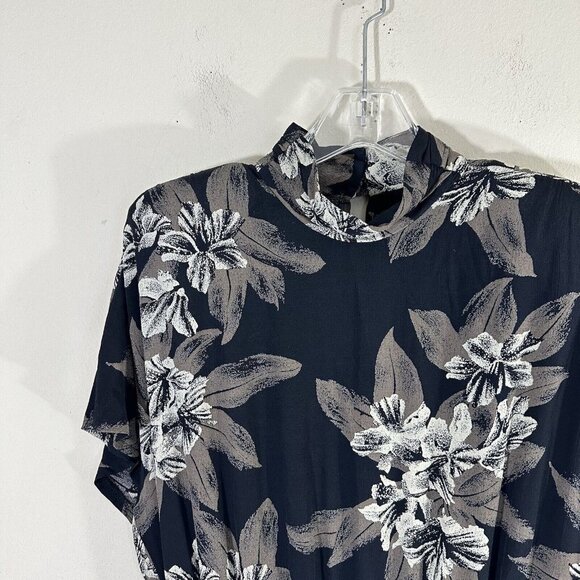 Vintage Phoebe 80s Mock High Neck Dress Midi Black Brown Floral Rayon Cocktail - Picture 5 of 8